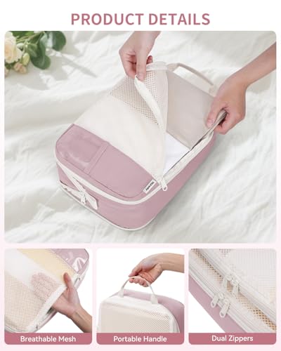 Narwey 6 Set Compression Packing Cubes for Travel Kids Women, Lightweight Packing Organizers Bag for Carry on Luggage Suitcase Duffle Bags (Pink) - color: Pink