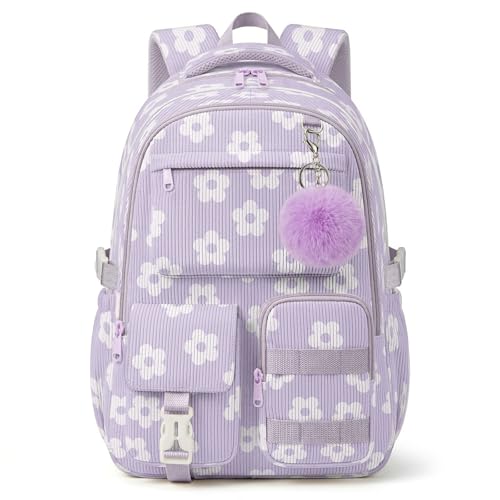Corduroy Backpack for Teen Girls, Aesthetic Cute Purple Floral School Backpack with Multi-Pocket, Lightweight Bookbag Fits 15.6 Inch Laptop, Large Capacity Casual Daypack for School Travel - color: Purple Floral