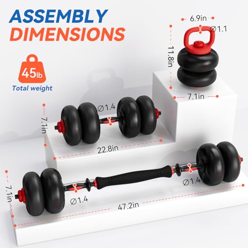 LIFERUN Adjustable Dumbbell Set, Soft PVC Coated, 45lbs/67lbs Free Weight Set Home Gym, 4-in-1 Used As Barbell, Dumbbells, Kettlebell, Weight Plates, Weights Dumbbells Set, Space Saving Fitness Exercise For Men/Women - color: Black, style: 45lb