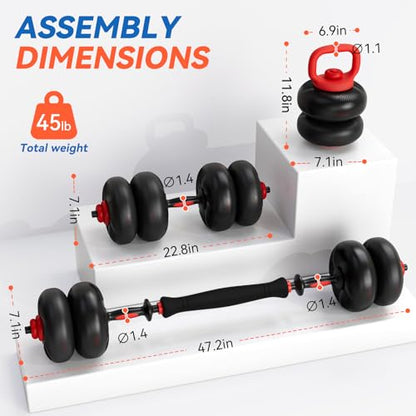 LIFERUN Adjustable Dumbbell Set, Soft PVC Coated, 45lbs/67lbs Free Weight Set Home Gym, 4-in-1 Used As Barbell, Dumbbells, Kettlebell, Weight Plates, Weights Dumbbells Set, Space Saving Fitness Exercise For Men/Women - color: Black, style: 45lb