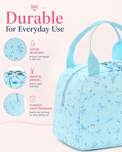 CAMTOP Girls Backpack with Lunch Box Set, Cute Bow School Backpack for Kids, 3-in-1 Lightweight Lunch Bag and Pencil Pouch - color: Blue Heart Bow