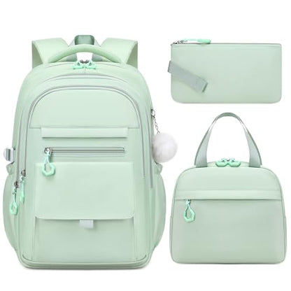 GeeWin Backpacks for Girls, Girls Backpack with Lunch Box & Pencil Case Set, 17 Inch Waterproof Girl Bookbag with Lots of Pockets for Kids, Teens, Elementary Middle High College School Student(Green) - color: Green