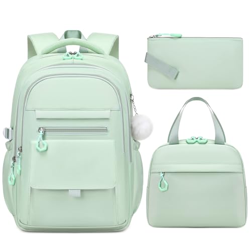 GeeWin Backpacks for Girls, Girls Backpack with Lunch Box & Pencil Case Set, 17 Inch Waterproof Girl Bookbag with Lots of Pockets for Kids, Teens, Elementary Middle High College School Student(Green) - color: Green