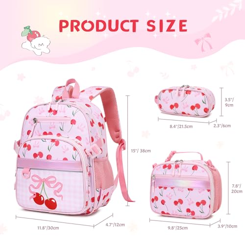 Toddler Backpack for Girls Ages 5-8, 3PCS Girls Backpack with Lunch Bag & Pencil Case - 15inch Kids School Bookbag for Preschool Kindergarten Elementary School (Cherry) - color: Cherry