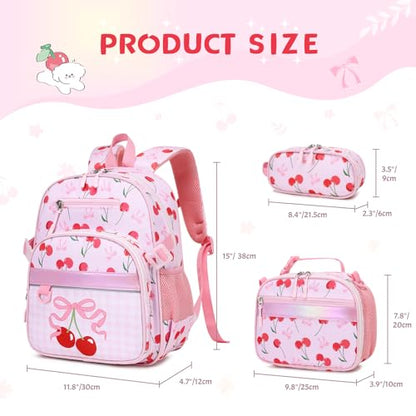 Toddler Backpack for Girls Ages 5-8, 3PCS Girls Backpack with Lunch Bag & Pencil Case - 15inch Kids School Bookbag for Preschool Kindergarten Elementary School (Cherry) - color: Cherry