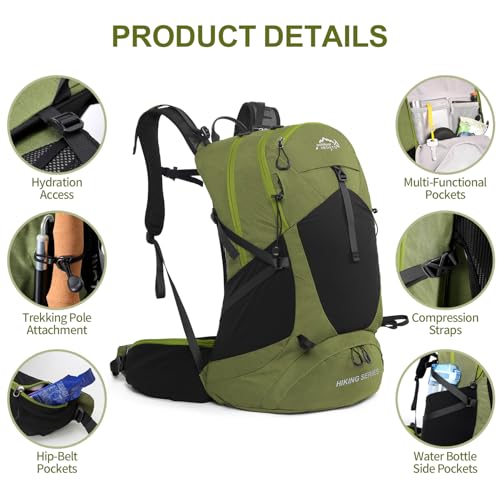 IX INOXTO Hiking Backpack, 26L/40L Waterproof Hiking Daypack with 3L Water Bladder and Rain Cover, Lightweight Travel Camping Backpack for Men Women (Dark Green) - color: Dark Green