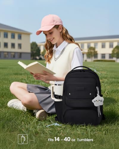 LOVEVOOK School Backpack for Teen Girl, Cute Bookbag with Large Bottle Holder, Lightweight Elementary Middle High School Student Backpack Fits 15.6 Inch Laptop, Back to Schools Kid Gift, Black - color: Black, size: 15.6 Inch