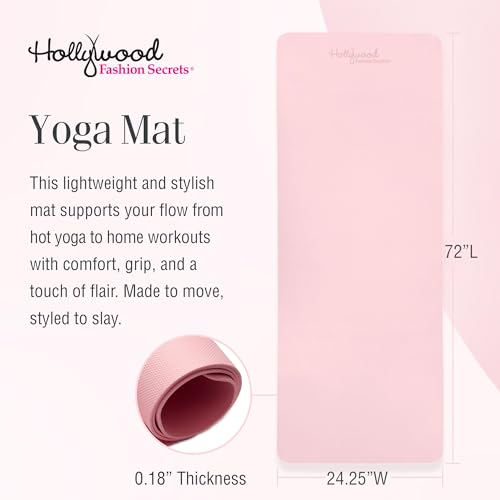 Hollywood Fashion Secrets Pink Yoga Mat Non Slip – Lightweight, Cushioned Exercise Mat for Home, Gym, Pilates, and Workout