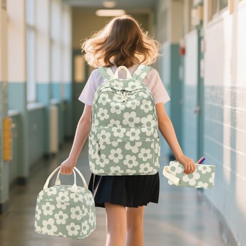 Bluboon School Backpack Set Girls Womens Laptop Bookbag Casual Daypack Fits 15 inch Laptop with Lunch Tote Bag and Pencil Bag - color: Beige Floral / Green-gray Base