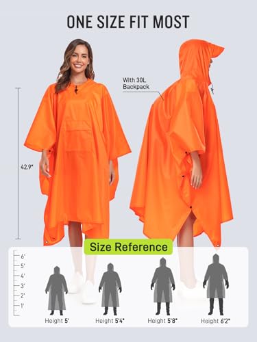 SaphiRose Extra Thick Hooded Rain Poncho Double Layer Waterproof Raincoat Jacket for Men Women Adults - color: Orange