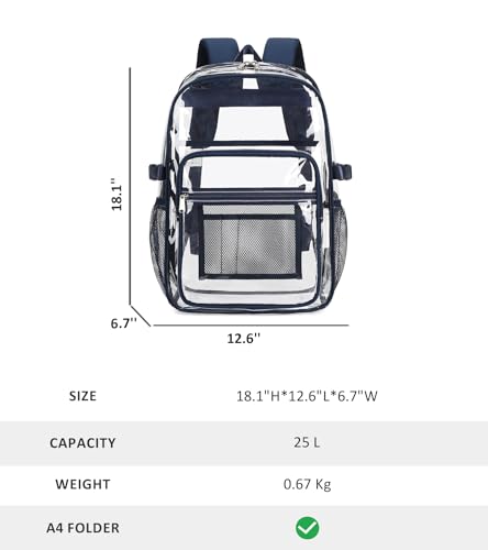 abshoo Big Heavy Duty Clear Backpack for School Girls Boys Transparent Bookbag for Middle High School (Navy) - color: Navy