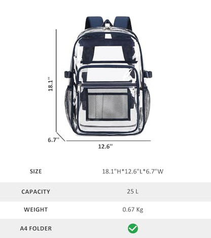 abshoo Big Heavy Duty Clear Backpack for School Girls Boys Transparent Bookbag for Middle High School (Navy) - color: Navy