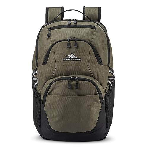 High Sierra Swoop Backpack, Lightweight Bookbag, Large Main Compartment + External Accessory Pockets, Separate Laptop Pocket, Dual Water Bottle Pockets, Fits most 17” Laptops, 30L Capacity, Olive - color: Olive