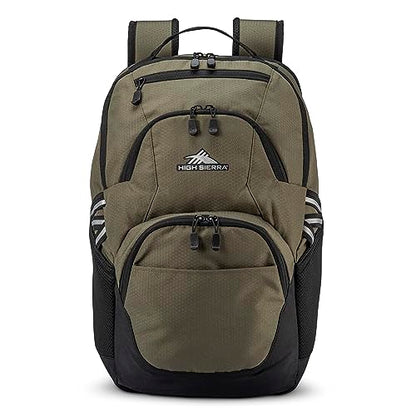 High Sierra Swoop Backpack, Lightweight Bookbag, Large Main Compartment + External Accessory Pockets, Separate Laptop Pocket, Dual Water Bottle Pockets, Fits most 17” Laptops, 30L Capacity, Olive - color: Olive