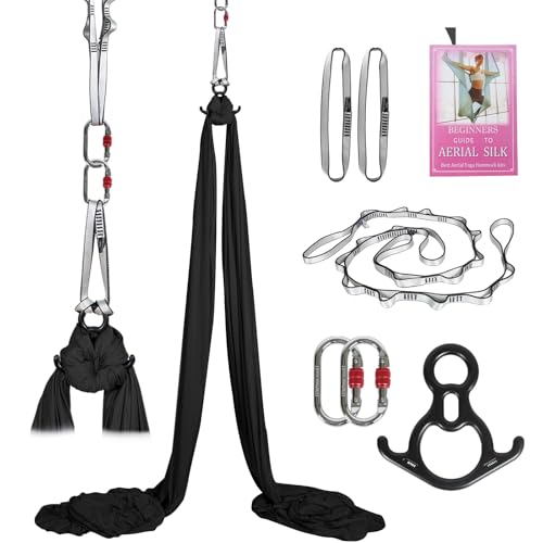 Aerial Silks Kit & Aerial Yoga Hammock - 11Yd Premium Fabric with Hardware - Easy Setup for Flying Yoga, Aerial Swing & Fitness - Supports Up to 14ft Rigging - color: Black