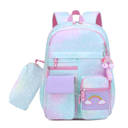 School Backpack for Girls Rainbow Kids Cute Backpack for Back to School Laptop Travel Bag With pencil Case (Blue Set) - color: Blue Set