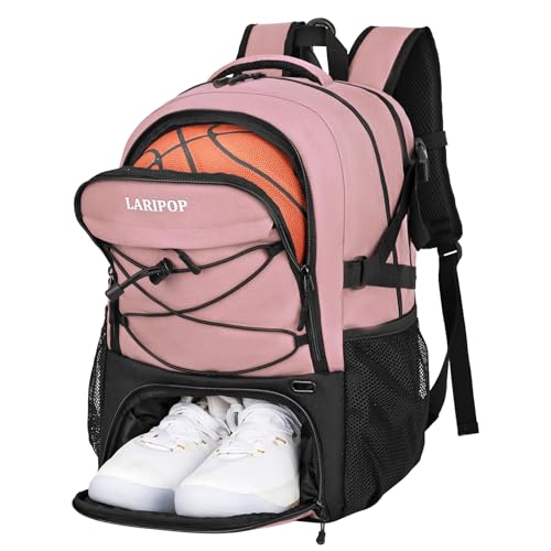 LARIPOP Basketball Backpack Large Basketball Bag with Ball Holder & Shoe Compartment for Adults Men Women - color: Flesh Pink