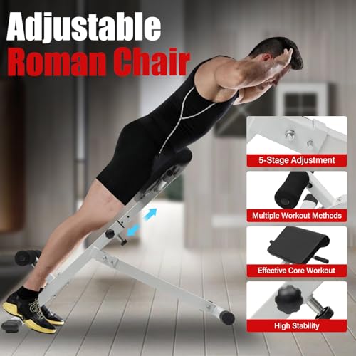 Roman Chair Back Extension Weight Bench Ab Machine Foldable Angle Height Adjustable Sit up Exercise Multi-Functional Workout Home Gym Exercise Equipment Inversion Table for Fitness - color: White