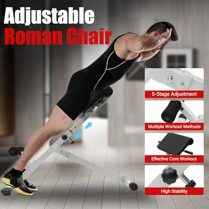 Roman Chair Back Extension Weight Bench Ab Machine Foldable Angle Height Adjustable Sit up Exercise Multi-Functional Workout Home Gym Exercise Equipment Inversion Table for Fitness - color: White
