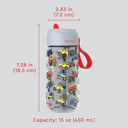 Bentgo Kids Water Bottle - Leak-Proof, Durable Tritan PFAS- & BPA-Free 15 fl oz, Kids/Toddlers Ages 3+ for School & Sports; Bite & Sip Spout, Carrying Handle, Dishwasher Safe (Trucks) - color: Trucks
