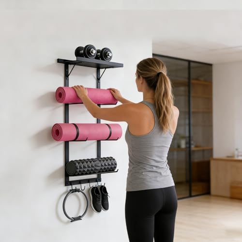 Black Wall Mount Yoga Mat Holder with Floating Shelf & 5 Hooks, Home Gym Storage Rack for Yoga Mats, Foam Rollers and Resistance Bands, Metal
