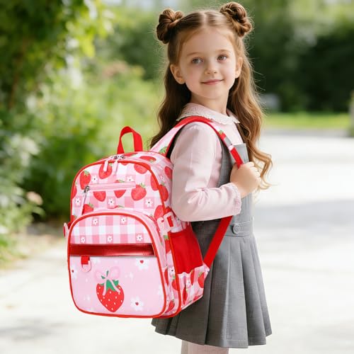 Toddler Backpack for Girls Ages 5-8, 3PCS Girls Backpack with Lunch Bag & Pencil Case - 15inch Kids School Bookbag for Preschool Kindergarten Elementary School (Strawberry) - color: Strawberry