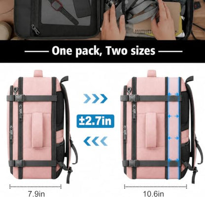 Expandable Flight-Approved Travel Backpack 35-45L with LifetimeWarranty - color: Pink, size: 17.3inch - 19.2"x13.4"x7.9"(+2.7")