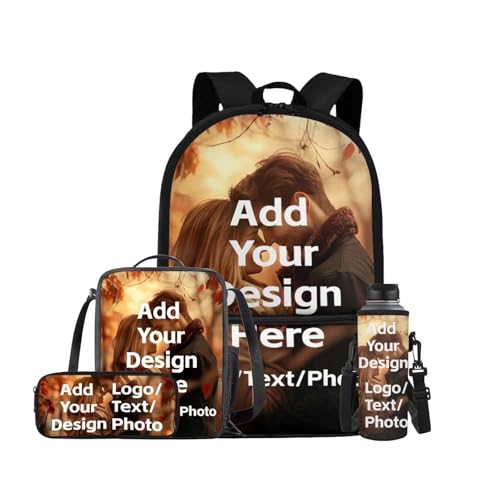 Custom Backpack for Girls Boys Backpack with Lunch Box Water Bottle Holder with Strap and Zipper Pencil Case 4PCS Set Bookbag with Front Pocket for School Teens 17 inch Sturdy School Bag - color: Customized