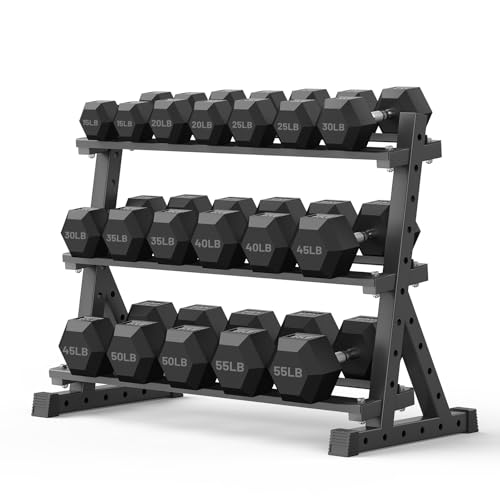 PAPABABE Hex Dumbbell Set with Rack, Rubber Encased Free Weight with Weight Storage Racks, Multiple Weight Options for Home Gym and Fitness - style: 630LB with 3-Tier Weight Rack