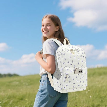 LEDAOU Backpack for Girls School Bag Kids Bookbag Teen Backpack Set Daypack with Lunch Bag and Pencil Case | Kids - color: Purple Bowtie -Beige