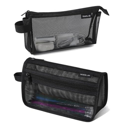 2-Pack Clear Mesh Pencil Case Pouch with Handle (Black) | Inside are visible, Single & double Layer combination, Various uses, Light weight, Robust quality