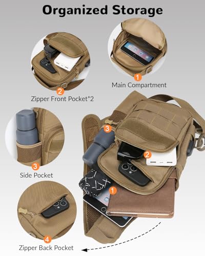 Tactical Sling Bag for Men, Military Outdoor Sports Single Shoulder Backpack with Bottle Holder & Handle, EDC Range Bag Crossbody Chest Pack, Khaki - color: Khaki