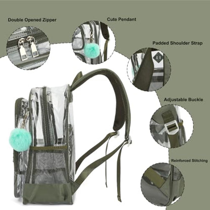 Heavy Duty Clear Backpack for Girls Boys Transparent School Bookbag Kids Durable PVC See Through Backpack-Army Green - color: Army Green