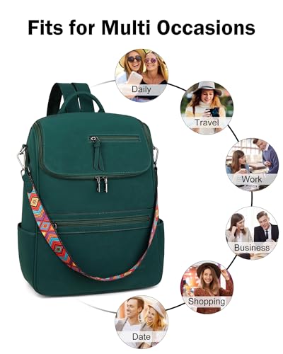 FADEON Laptop Backpack for Women Leather Travel Backpack with Laptop Compartment, Designer Ladies Computer Backpacks Green - color: Dark Green Nubuck Style