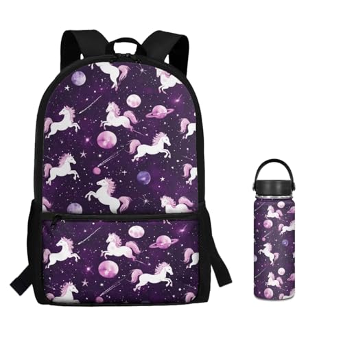 ZOUTAIRONG School Bags for Girls and Mini Water Bottle Large Capacity Bookbags Set, Purple Starry Horse Casual Backpack for School with Side Pockets - color: Purple Starry Horse