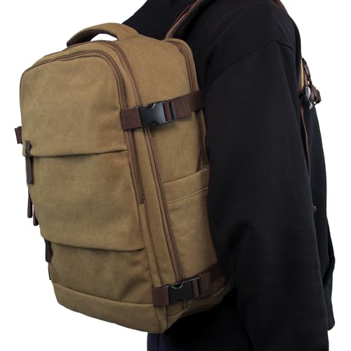 KAUKKO Canvas Travel Rucksack, Large Capacity Carry On Bag with Shoe Pouch and 15.6 inch Laptop Compartment, Flight Approved Outdoor 40L Luggage Weekender Bag, 12-KHAKI - color: 12-khaki