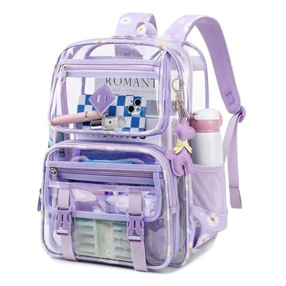 Sisipoet Clear Backpack for School, PVC Clear Bookbag Heavy Duty Transparent Backpack for Stadium Events See Through Bag - color: Purple Daisy