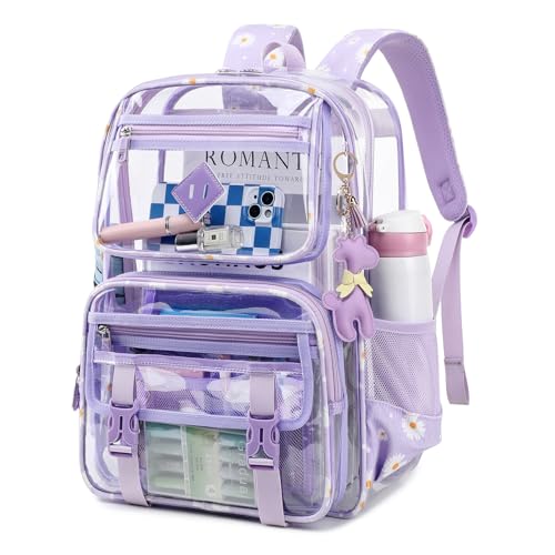 Sisipoet Clear Backpack for School, PVC Clear Bookbag Heavy Duty Transparent Backpack for Stadium Events See Through Bag - color: Purple Daisy