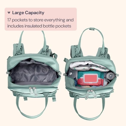 BabbleRoo Diaper Bag Backpack - Baby Essentials Travel Bag - Multi Function Water Resistant Diaper Bag, Travel Essentials Baby Bag with Changing Pad, Stroller Straps & Pacifier Case – Sage Green - color: Sage Green, size: Large