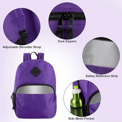 Trail maker 17" Backpack – Reflective School Backpack with Padded Straps, Water Bottle Pockets for Kids & Adults, School Travel Camp (Purple) - color: Purple