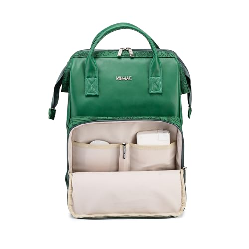 Kinmac Wide Open Style Laptop Backpack for Laptop Up to 15.6 Inch Men Women Travel Outdoor Backpack (Green Leaves PU) - color: Green Leaves Pu