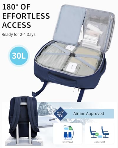 ECOHUB Carry On Travel Backpack, Expandable Airlines Personal Item Bag 18x14x8, Water Resistant 17 inch Laptop Backpack Flight Approved, 12 Pockets 30L Work Backpacks with Wet Pocket Cable Slot, Blue - color: Blue, size: 18 inch underseat