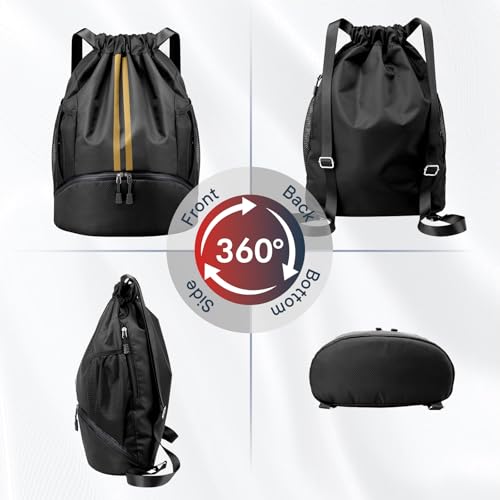 PinCute Drawstring Backpack for Women Men, Gym Bag for Soccer, Basketball, Swim, Beach, Water-Resistant Sports Backpack with Wet Pocket and Shoe Compartment, Black Gold - color: Black Gold