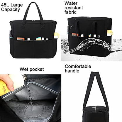 LEDAOU Beach Bag Waterproof Sandproof Women Beach Tote Pool Bag with Zipper for Swim Gym Grocery Travel with Wet Pocket | Sandproof - color: Black