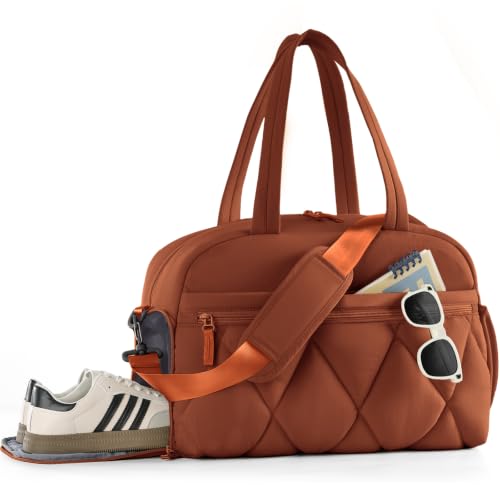 Gym Bag for Women, Puffer Travel Duffle Bag With Shoes Compartment & Wet Pocket, Carry On Tote Bag For Weekender, Overnight, Sport (Burnt Orange, Medium) - color: Burnt Orange, size: Medium