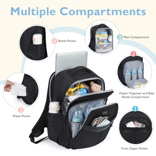 mommore Diaper Bag Backpack Large Baby Bag 37L with 15.6'' Laptop Sleeve Mom Bags with Insulated Pockets, Changing Pad, Stroller Straps, Travel, Work