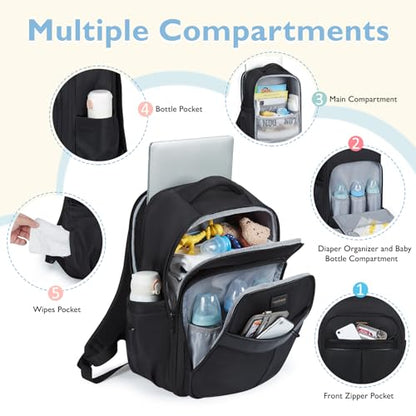 mommore Diaper Bag Backpack Large Baby Bag 37L with 15.6'' Laptop Sleeve Mom Bags with Insulated Pockets, Changing Pad, Stroller Straps, Travel, Work