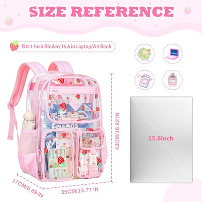 PIG PIG GIRL Clear Backpack for School,Heavy Duty PVC Transparent Bookbag for Girls Stadium Approved See Through Backpack - color: Pink Strawberry