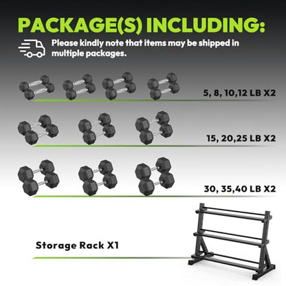 HANDBODE 3-Tier Dumbbell Rack Stand, 1000LB Capacity Storage Rack, Weight Rack for Dumbbells, Kettlebell, 390–700 lb Rubber Coated Fixed Weight Sets, Home Gym Strength Training Equipment - color: 400 lb Set (5-40 lb) *2 & Rack