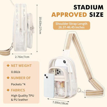 MOONBABY Clear Bag for Stadium Events, Clear Backpack Purse for Women Waterproof TPU Crossbody Fanny Pack | for Stadium Events - color: Leather White